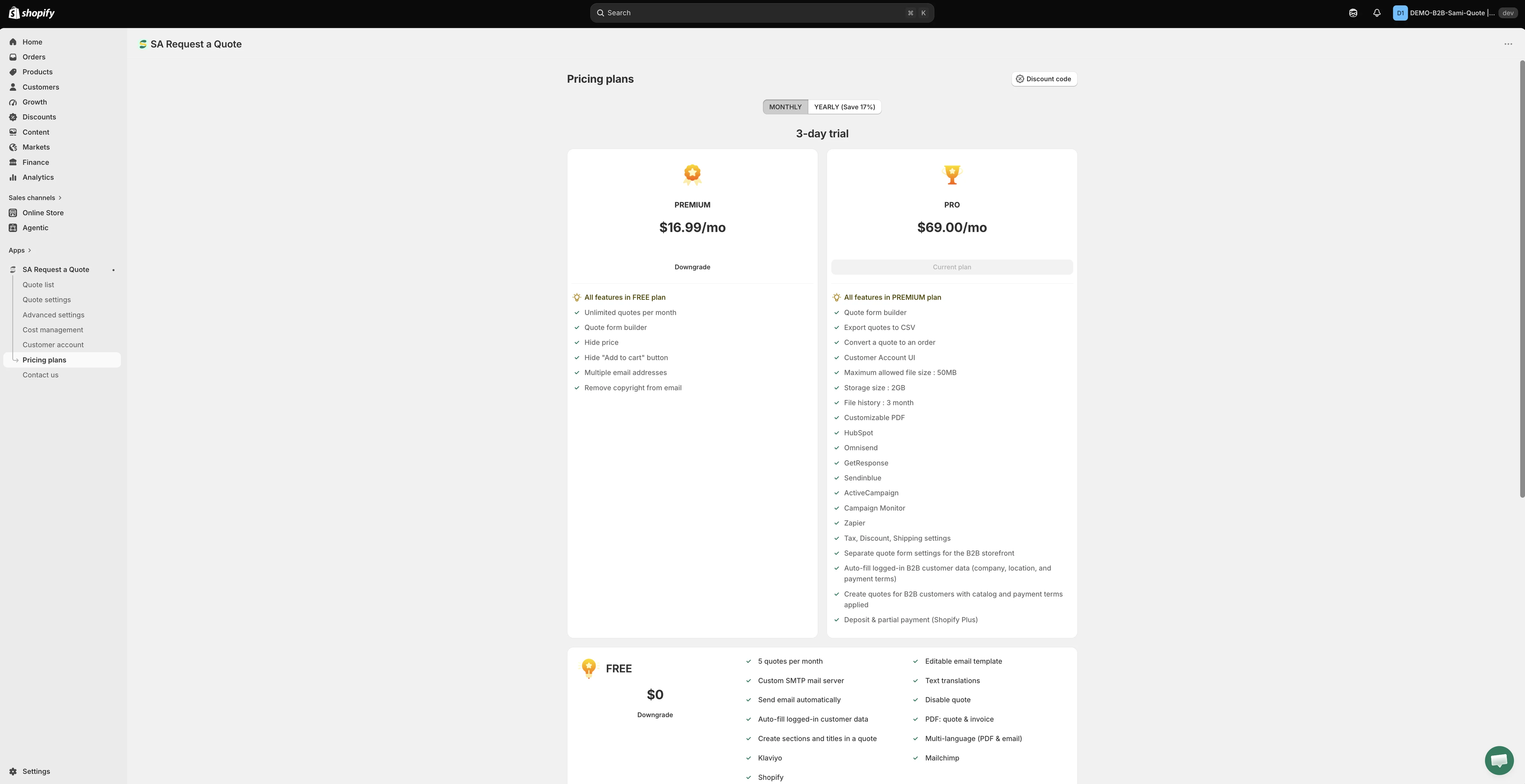 The Pricing plans page in the app, showing each plan and its features