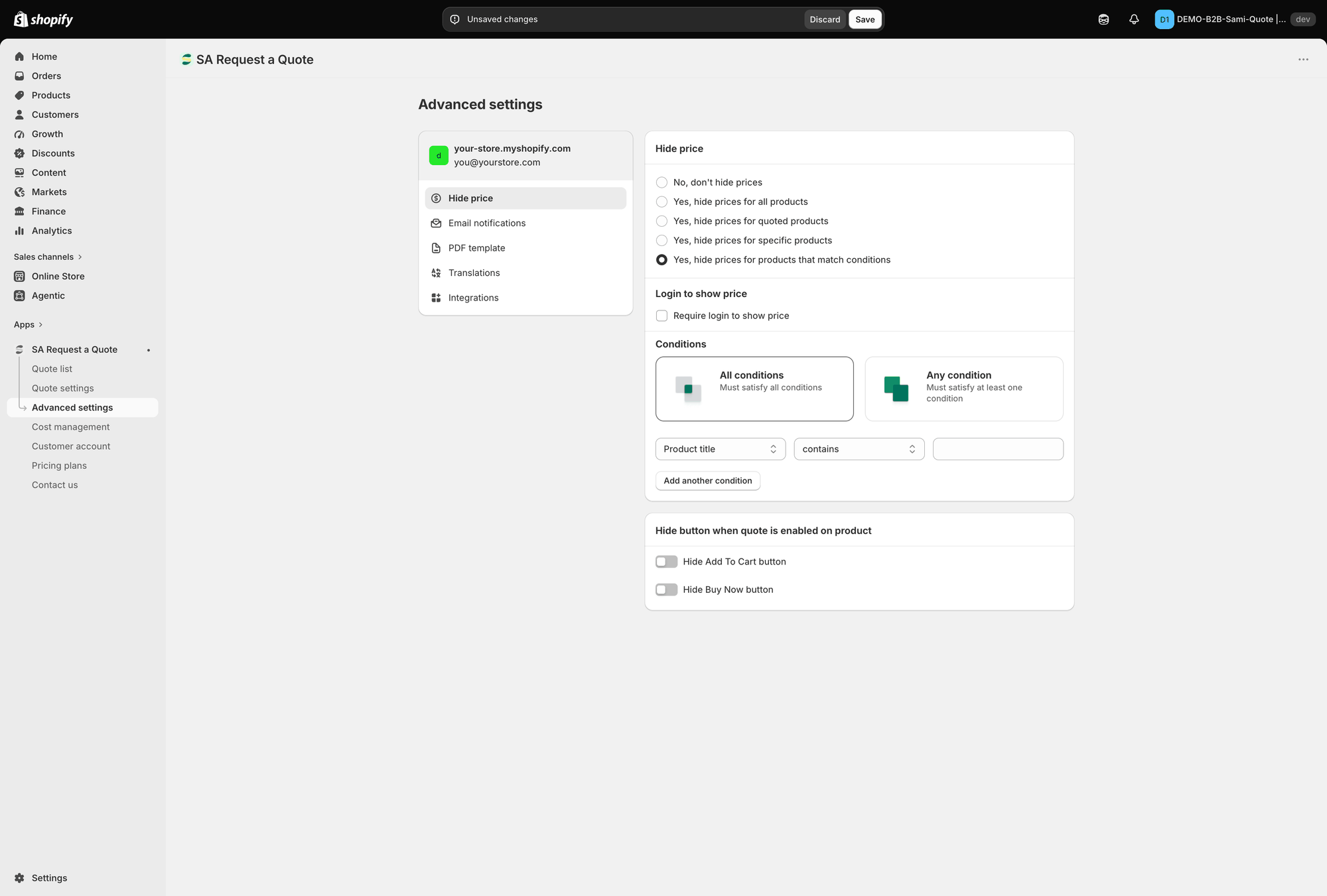 Advanced settings, Hide price tab, showing the Login to show price section and the Conditions builder